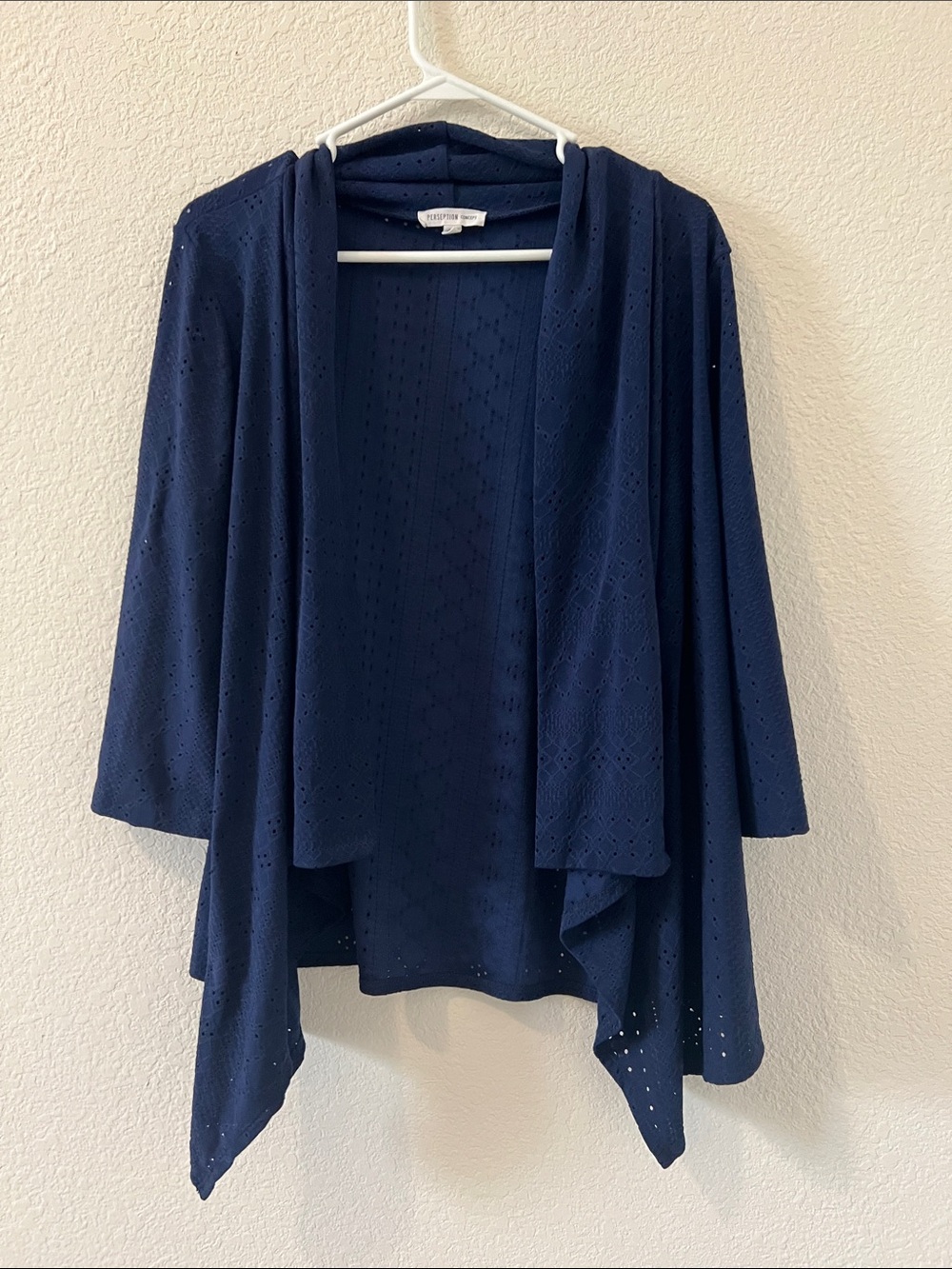 PerSeption Concept Navy Open-Front Draped Eyelet Cardigan